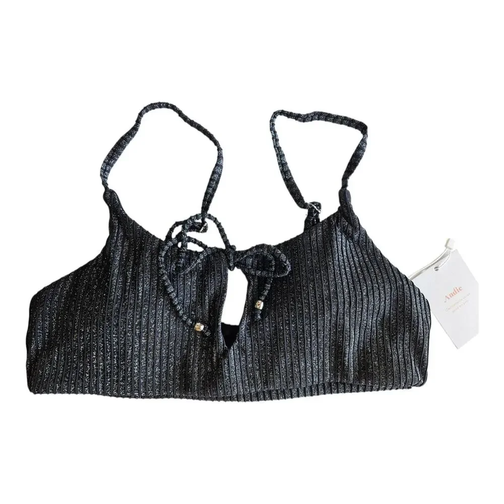 ANDIE Swim Women S The Waikiki Top Bikini Black Silver Sparkle Keyhole Tie NEW
